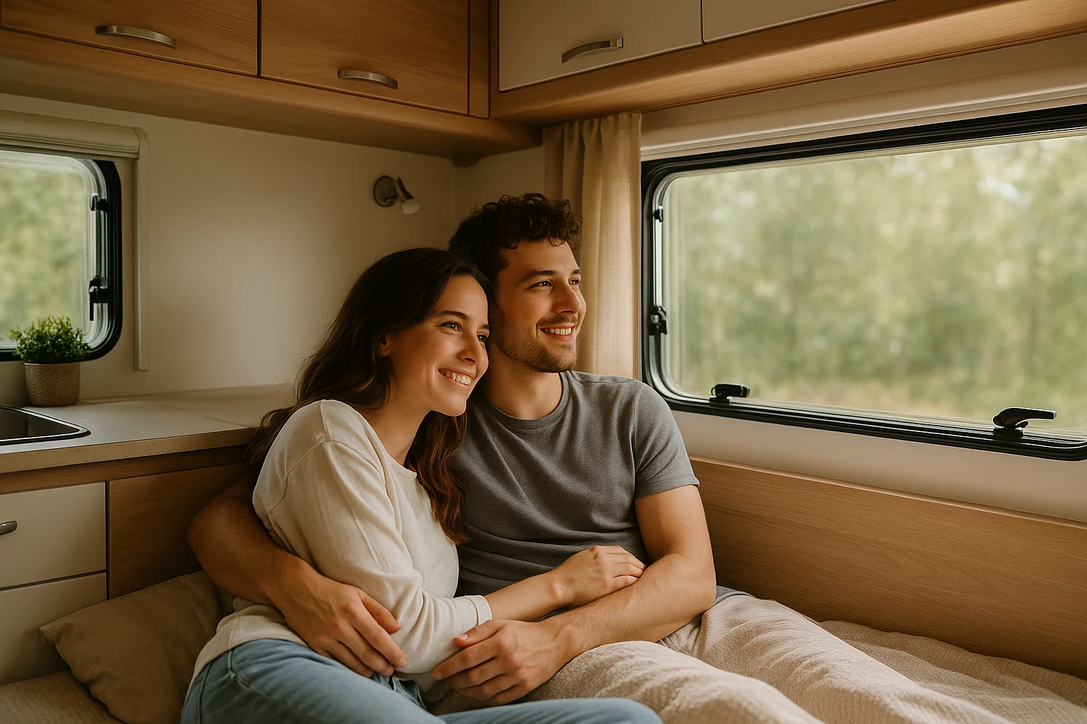 Junges Paar entspannt im Wohnmobil dank memon Harmonisierung – weniger Elektrosmog, mehr Erholung beim Camping mit Spannungswandler