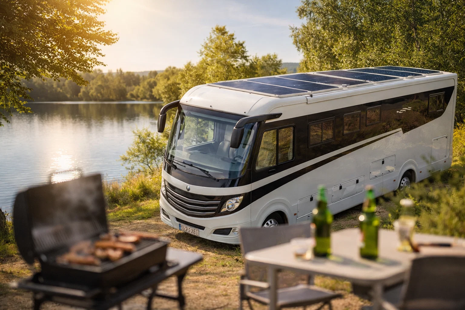Concorde Camper mit 1.400 Wp Solaranlage von Brandiman und Spannungswandler.at in freier Natur – autarkes Reisemobil mit Dach-Solarmodulen